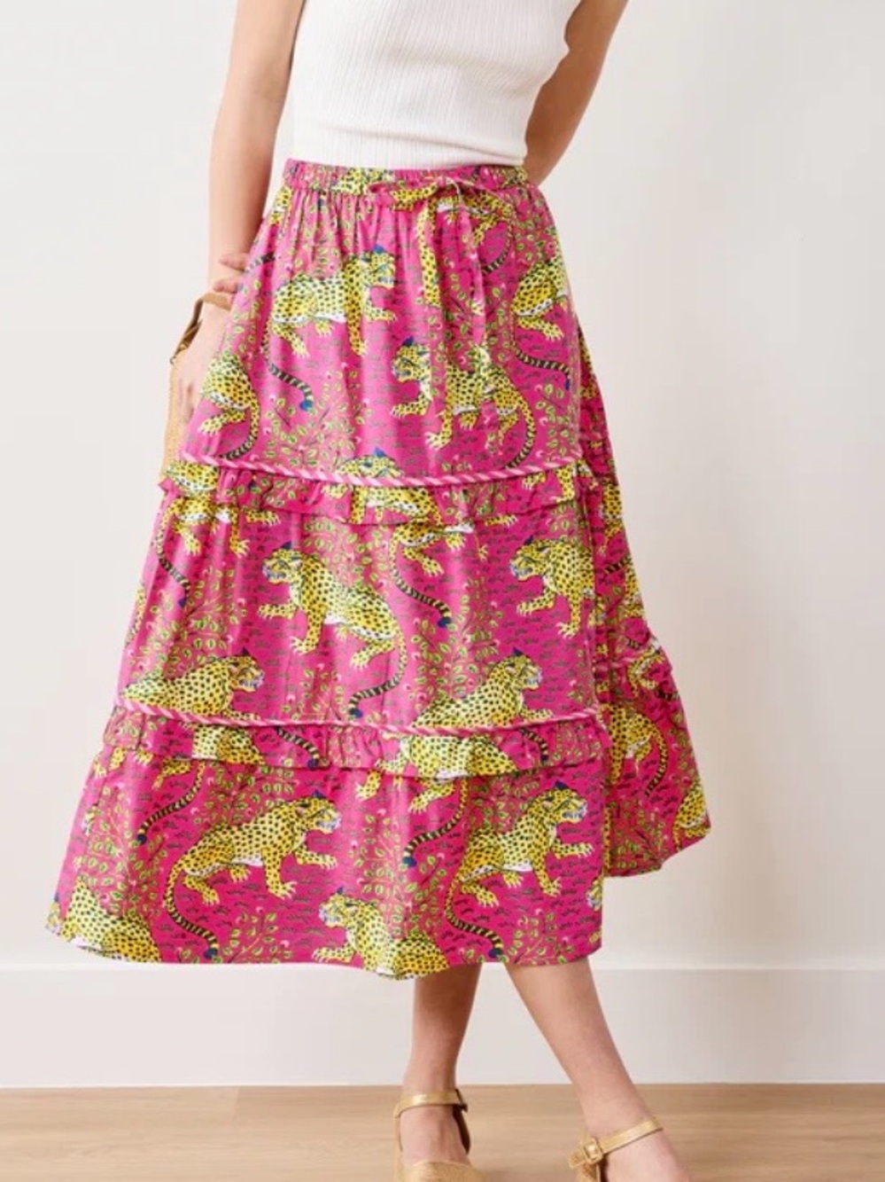 Printfresh Pink Tiered Midi Skirt with Yellow Leopard Motif